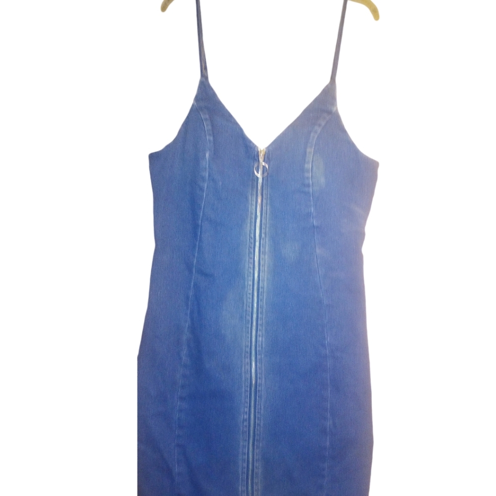 Iris Basic Denim Mini Dress Front Zip Stretch Pad… - image 6